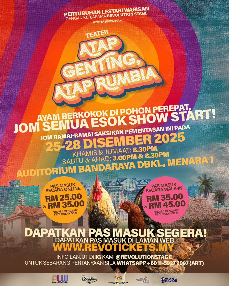 RevolutionStage's tweet image. Orang kampung oi! Orang bandar weh! ESOK dah show! ESOK #AtapGentingAtapRumbia dah nak dipentaskan!

Pada yang dah tempah seat, kita jumpa minggu ini. Mana yang belum tu, jangan tunggu lama-lama. 🎭

Tempah Pas Masuk Awal Online di revotickets.my !