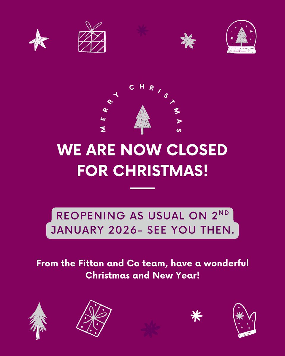FittonandCo's tweet photo. Fitton &amp; Co will be closed for the Christmas break and will reopen on 2nd January 2026!

Thank you all for your support throughout 2025. We wish all of our clients and followers a relaxing and enjoyable festive period 🎄🎁 https://t.co/LIvOkM1jWM