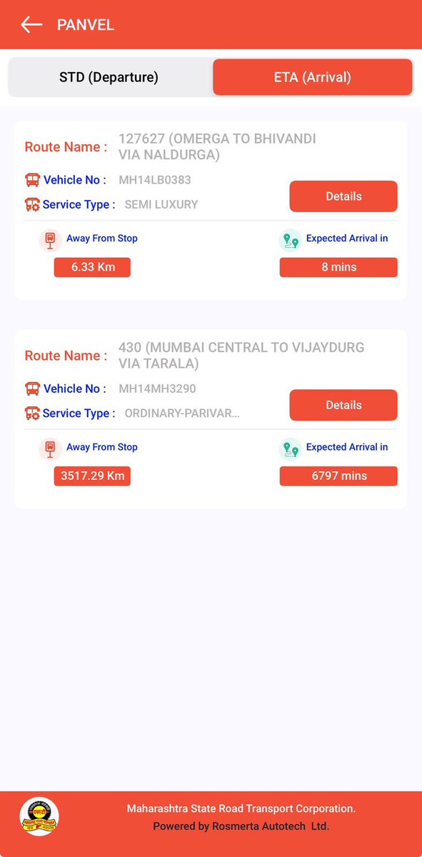 SAHILP_16's tweet photo. MSRTC ची “Aapli ST” ॲपमध्ये ETA संदर्भात तांत्रिक त्रुटी आढळून येत आहे.
पनवेल बसस्थानकासाठी काही बसेससाठी 6797,8122  मिनिटे असा अवास्तव व चुकीचा वेळ दर्शविला जात आहे.

कृपया या समस्येकडे गांभीर्याने लक्ष देऊन तात्काळ दुरुस्ती करण्यात यावी.

App Name: Aapli ST (MSRTC) https://t.co/TwveZJpTvi