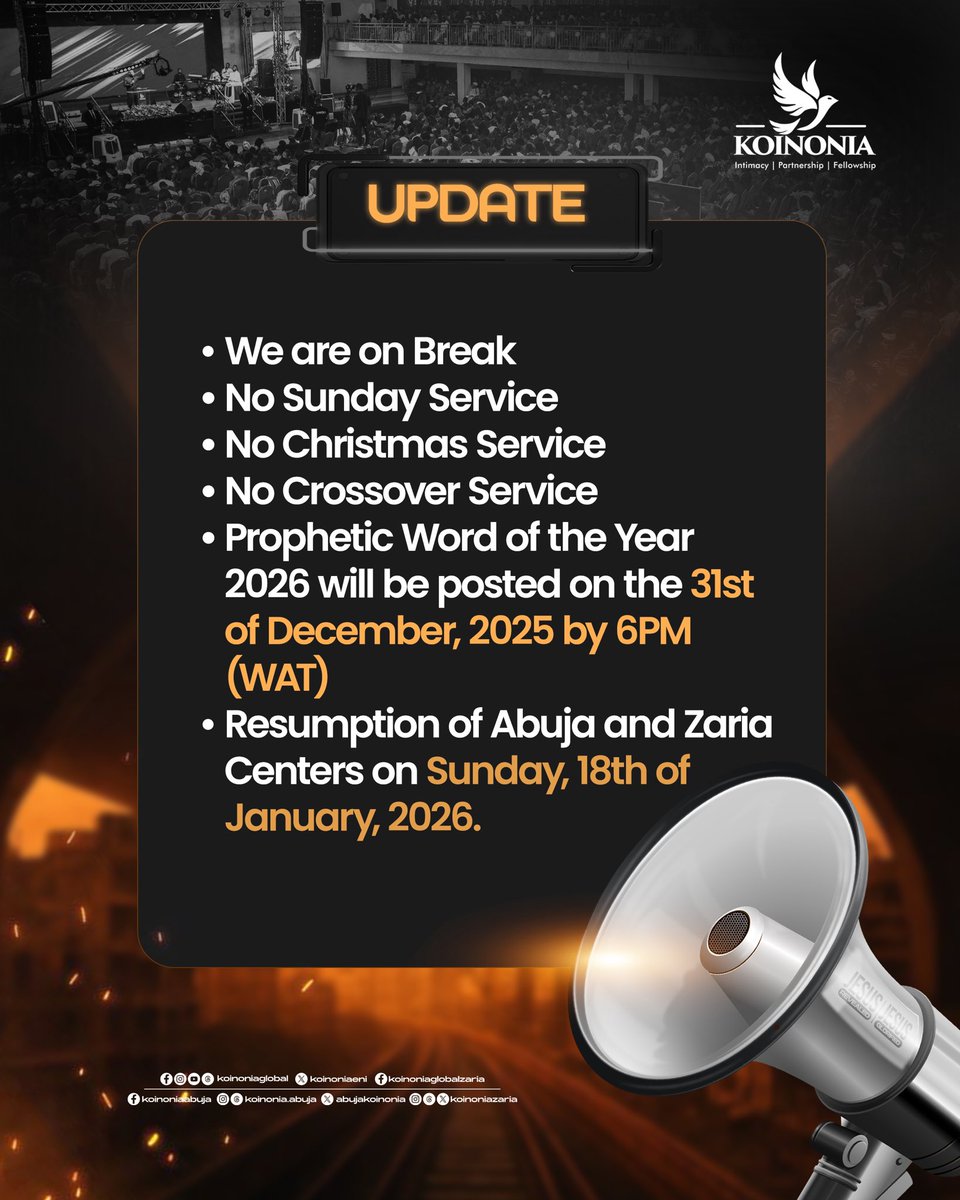 📢 IMPORTANT ANNOUNCEMENT | KOINONIA GLOBAL UPDATE

Dear Koinonia Global Family,

Calvary and Seasons’ Greetings to you in the name of our Lord Jesus Christ!

This is a gentle reminder that KOINONIA GLOBAL, is currently on our annual End-of-Year break.

As such, kindly note the