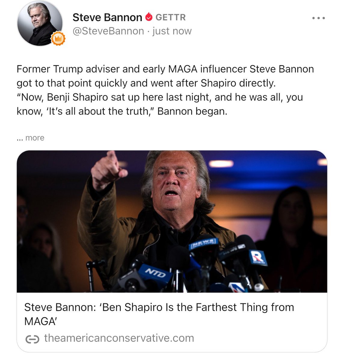 gc22gc's tweet image. Former Trump adviser and early MAGA influencer Steve Bannon got to that point quickly and went after Shapiro directly.
“Now, Benji Shapiro sat up here last night, and he was all, you know, ‘It’s all about the truth,” Bannon began.

“Ben, I’ve known you a long time, brother. You…