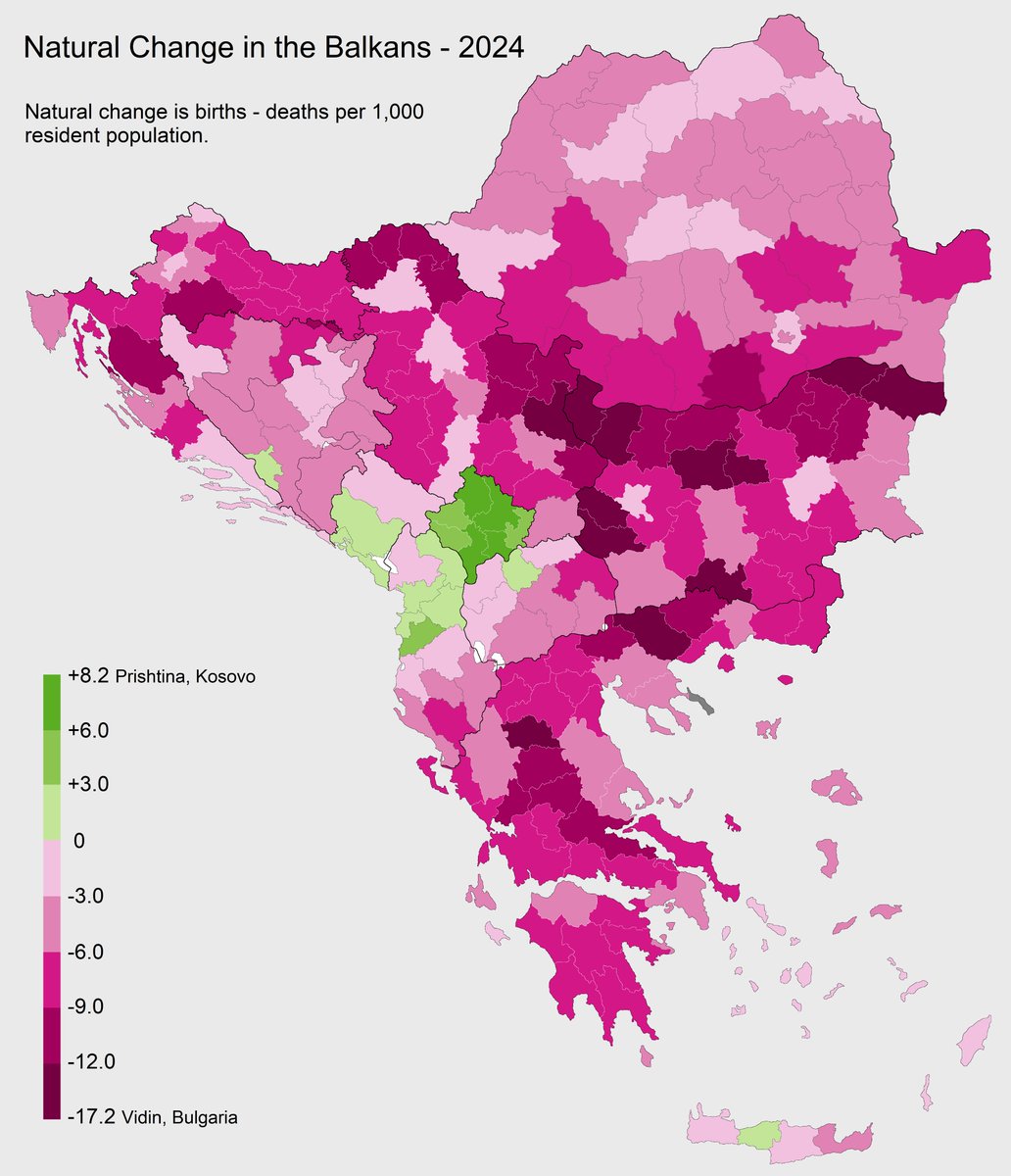 Natural Change across the Balkans in 2024 by statistical region