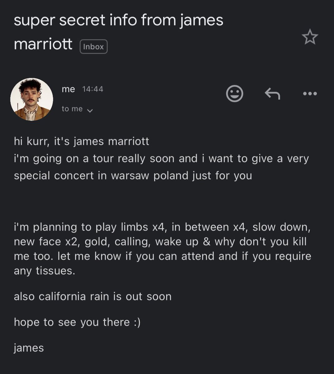 oh my god james marriott emailed me ????
