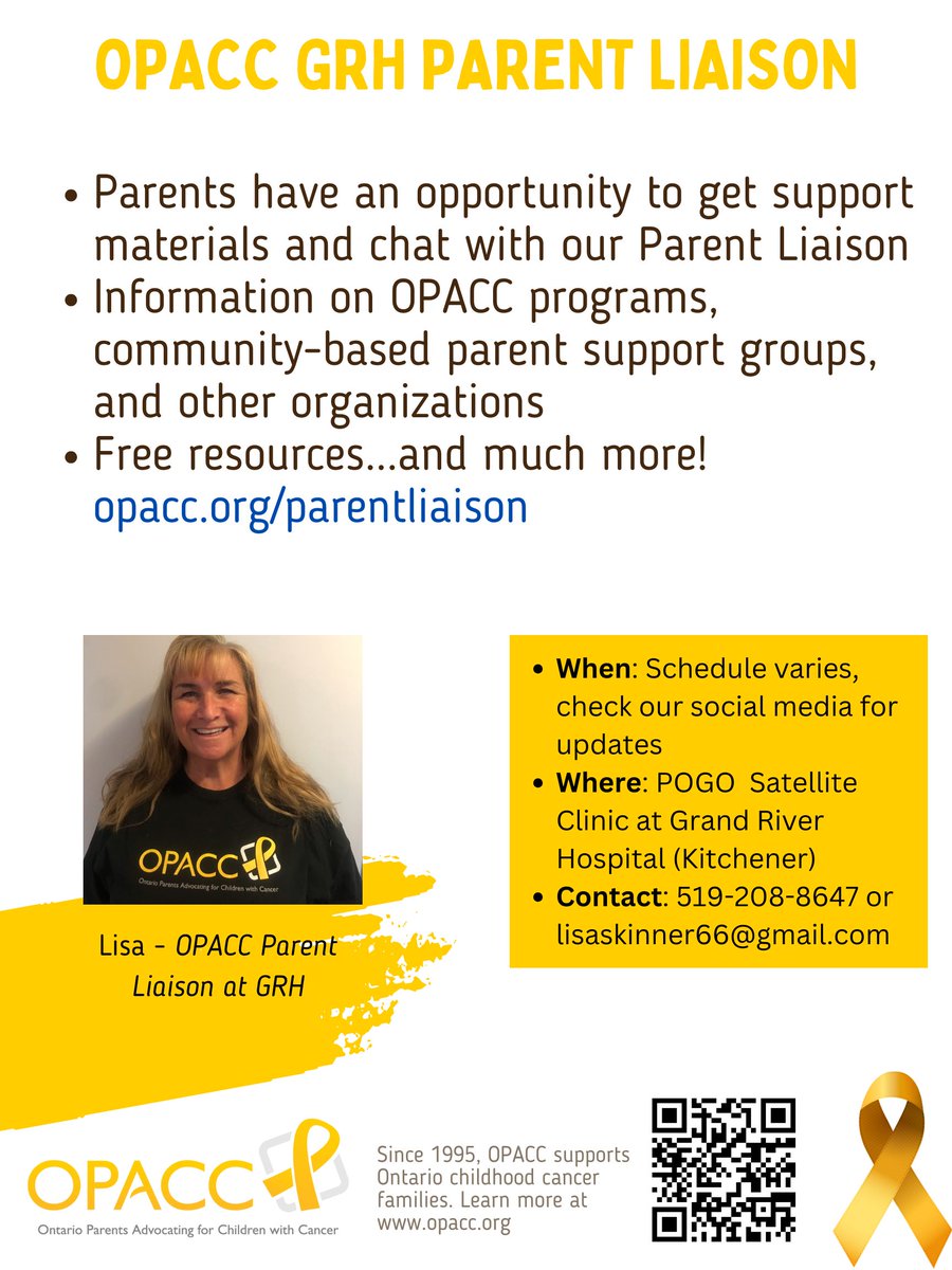 OpaccOrg's tweet image. Our Parent Liaison volunteer Lisa will be at the @grhospitalkw POGO clinic today from 9:30-11AM to connect with #childhoodcancer families in person &amp;amp; distribute free resources/information! See flyer for contact info.