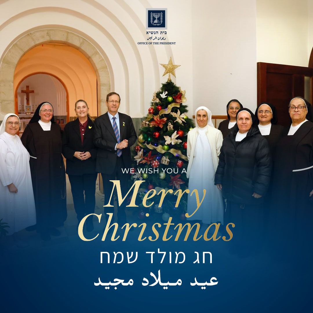 Isaac_Herzog's tweet photo. Wishing all our Christian sisters and brothers in Israel, the Middle East, and around the world a Merry Christmas and a Happy New Year from Jerusalem!

Ahead of the Christmas holiday, we visited our neighbors, the Franciscan Sisters, at the St. Antonio Convent in Jerusalem. We shared a prayer for peace and fraternity, and stood united against all forms of hatred and extremism.

I feel deep pride in Israel’s Christian communities, which are an integral part of our nation. The State of Israel will continue to protect the freedom of worship for people of all faiths and communities.

Merry Christmas and a Happy New Year!