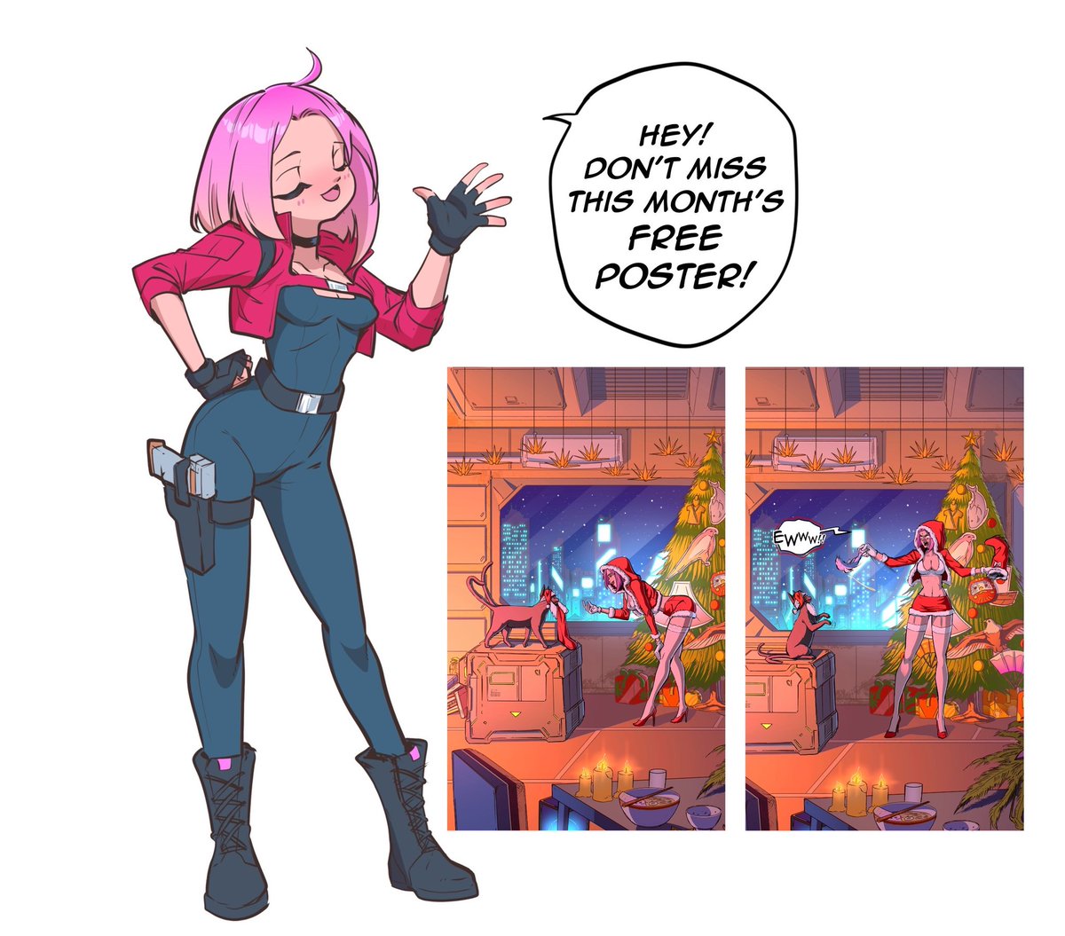 Merry Christmas Eve from Nyx &amp; Steven! 🎄

To celebrate, we’re giving 2 free Nyx digital wallpapers to all new and returning customers! Check your email! Enjoy! 💚✨

#roninofokane #cyberpunk #manga #comic #xmas #christmas