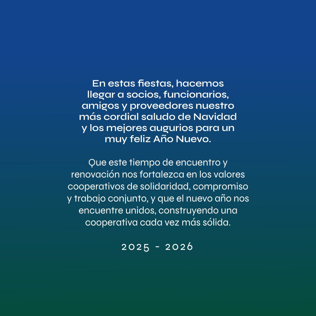 CoopCACSON's tweet photo. 🌟 Que este tiempo de encuentro y renovación nos fortalezca en los valores cooperativos de solidaridad, compromiso y trabajo conjunto, y que el nuevo año nos encuentre unidos, construyendo una cooperativa cada vez más sólida.

¡Felices Fiestas!

#Cooperativa #CACSON
#fiestas https://t.co/6CbdydCjUC