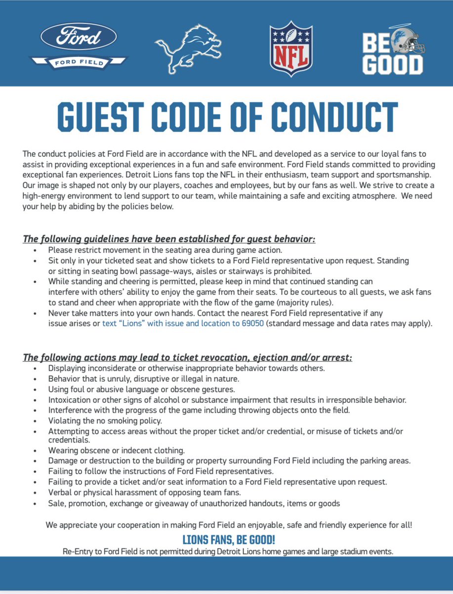 TomPelissero's tweet image. Here is the Lions fan code of conduct. The team found no violation and does not plan to action against the fan, who identified himself to the @freep as Ryan Kennedy. But the NFL is now following up with the team after hearing from DK Metcalf and others in his appeal hearing.