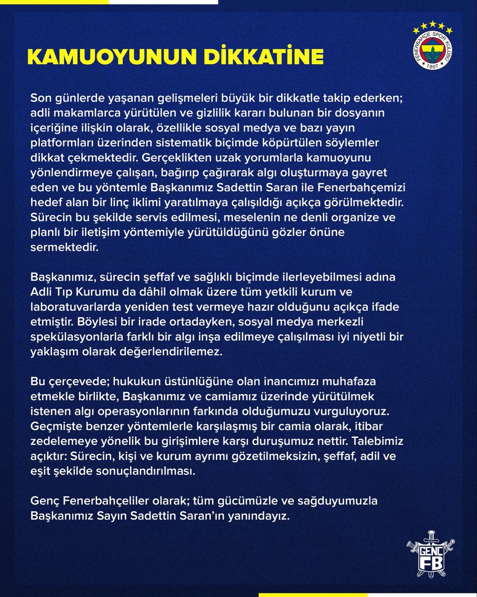 Genç Fenerbahçeliler:

"Yürütülen algı operasyonlarının farkındayız. Başkanımız Sadettin Saran’ın yanındayız."
