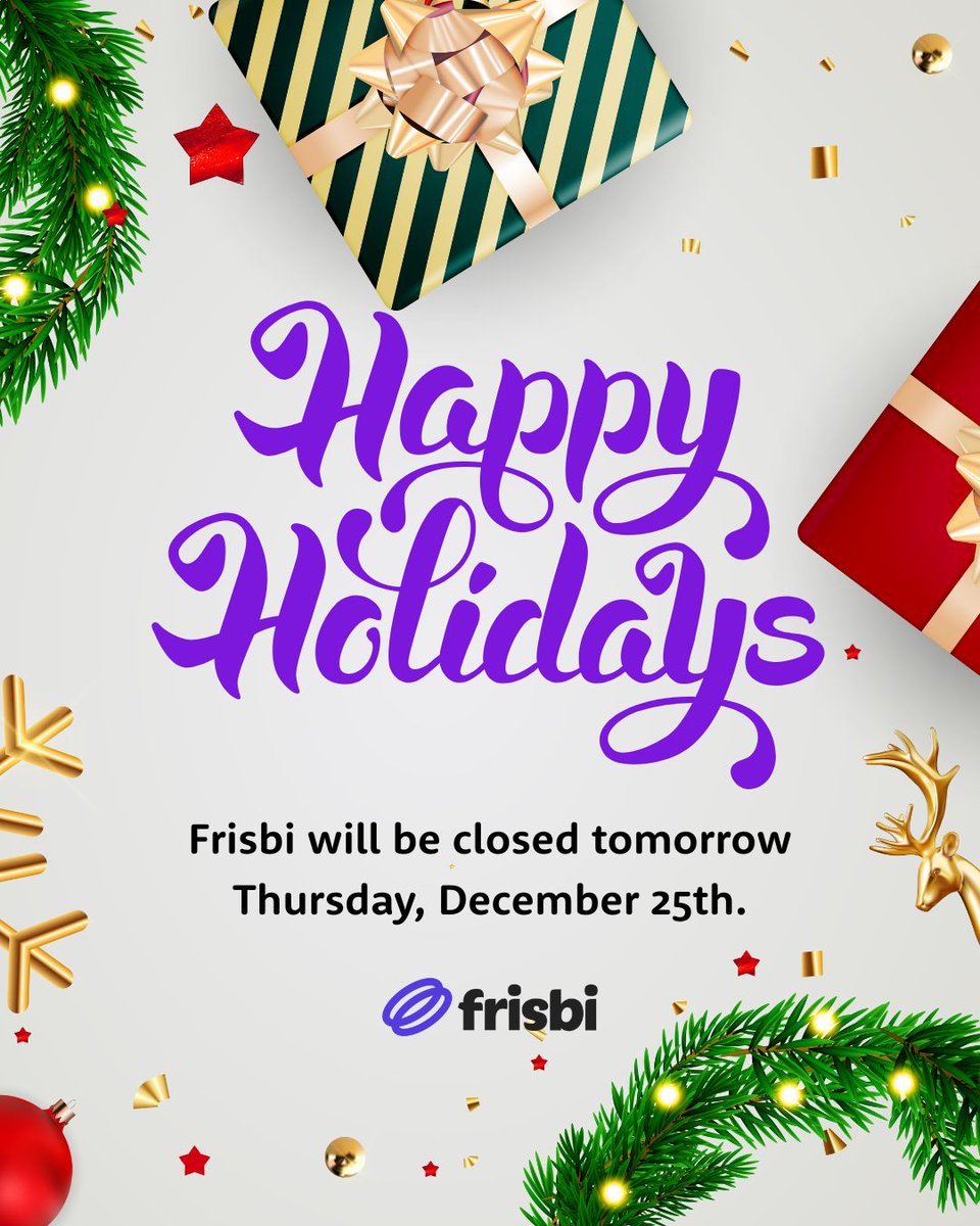 frisbi_global's tweet image. Happy Holidays from Frisbi!
We’ll be closed tomorrow, Thursday, December 25th, as we celebrate the season. Thank you for being part of our journey—we’ll be back tomorrow December 26th  and ready to support your global shipping needs.
#HappyHolidays #Frisbi #HolidayNotice