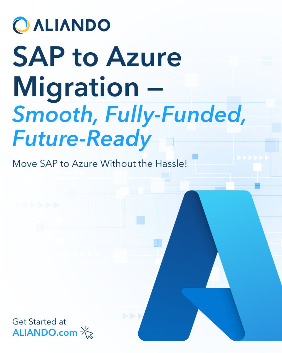 SAP to Azure—smooth, fully funded, future-ready. 

Migrate without hassle or upfront costs. We handle planning, deployment &amp; optimization so your SAP stays agile and scalable.

Explore more: hubs.la/Q03YR1Jl0

#SAP #Azure #CloudMigration #ALIANDO
