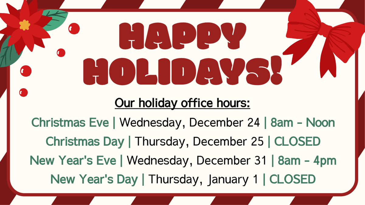 AGRILANDFS's tweet image. Our corporate office will close at noon today, and will reopen on Friday, December 26th. Happy Holidays! 🎄