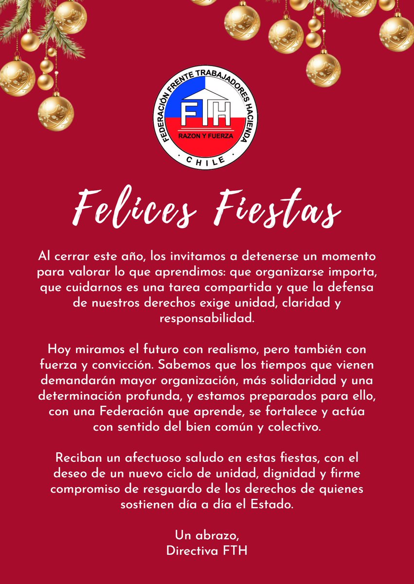 FTH_Chile's tweet image. 💙 Felices Fiestas!! les desea el Directorio de la Federación Frente de Trabajadores de Hacienda (FTH).

fth.cl
