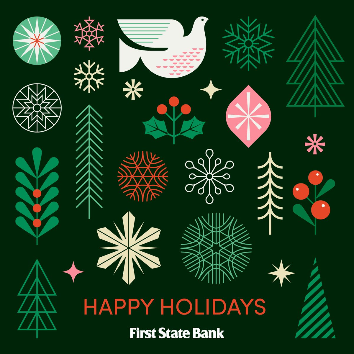 FSBfinancial's tweet photo. Happy Holidays from all of us at First State Bank! Wishing you and your family joy, peace, and prosperity this season. ❄️✨ https://t.co/RKTOpJBZ89