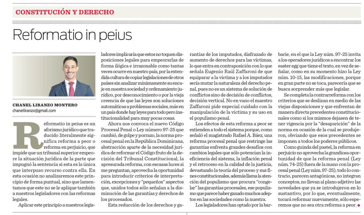 Les comparto mi artículo de hoy en el Periódico El Caribe sobre la reforma a peor en materia procesal penal
elcaribe.com.do/opiniones/refo… Felices Fiestas !!!