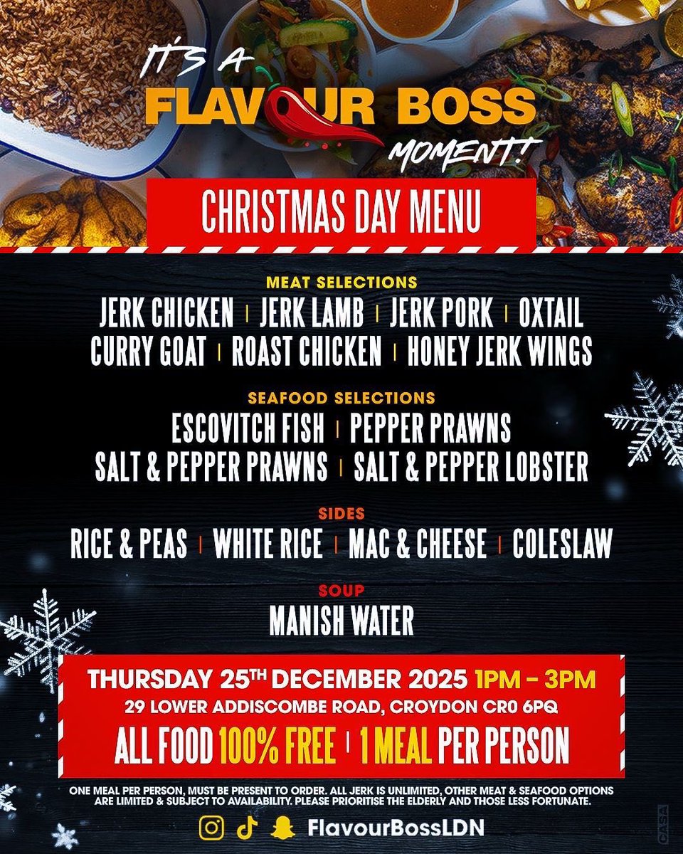 Do share with anyone who may need a meal and some company on Christmas Day 🎄;  Flavour Boss are serving lunch between 1 to 3 PM , 29 Lower Addiscombe Road .

True #Croydon sprit.