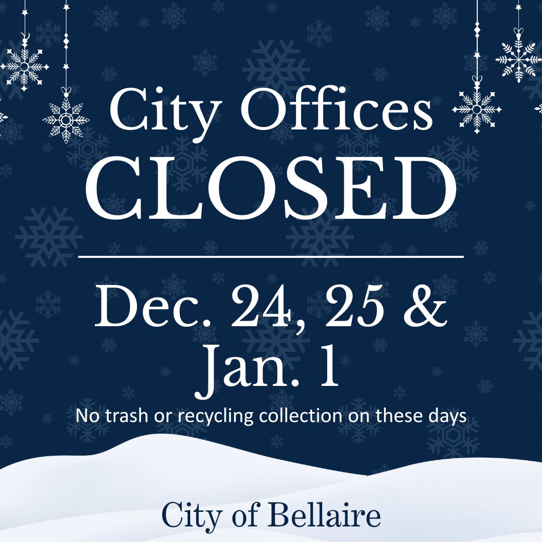 🗓️ Holiday Schedule Reminder ✨
City offices will be closed on Dec 24, 25, and Jan 1 in observance of the Christmas and New Year holidays.

🚛 Trash &amp; Recycling:
There will be no collection on these holidays. Services will resume on your next regularly scheduled collection day.