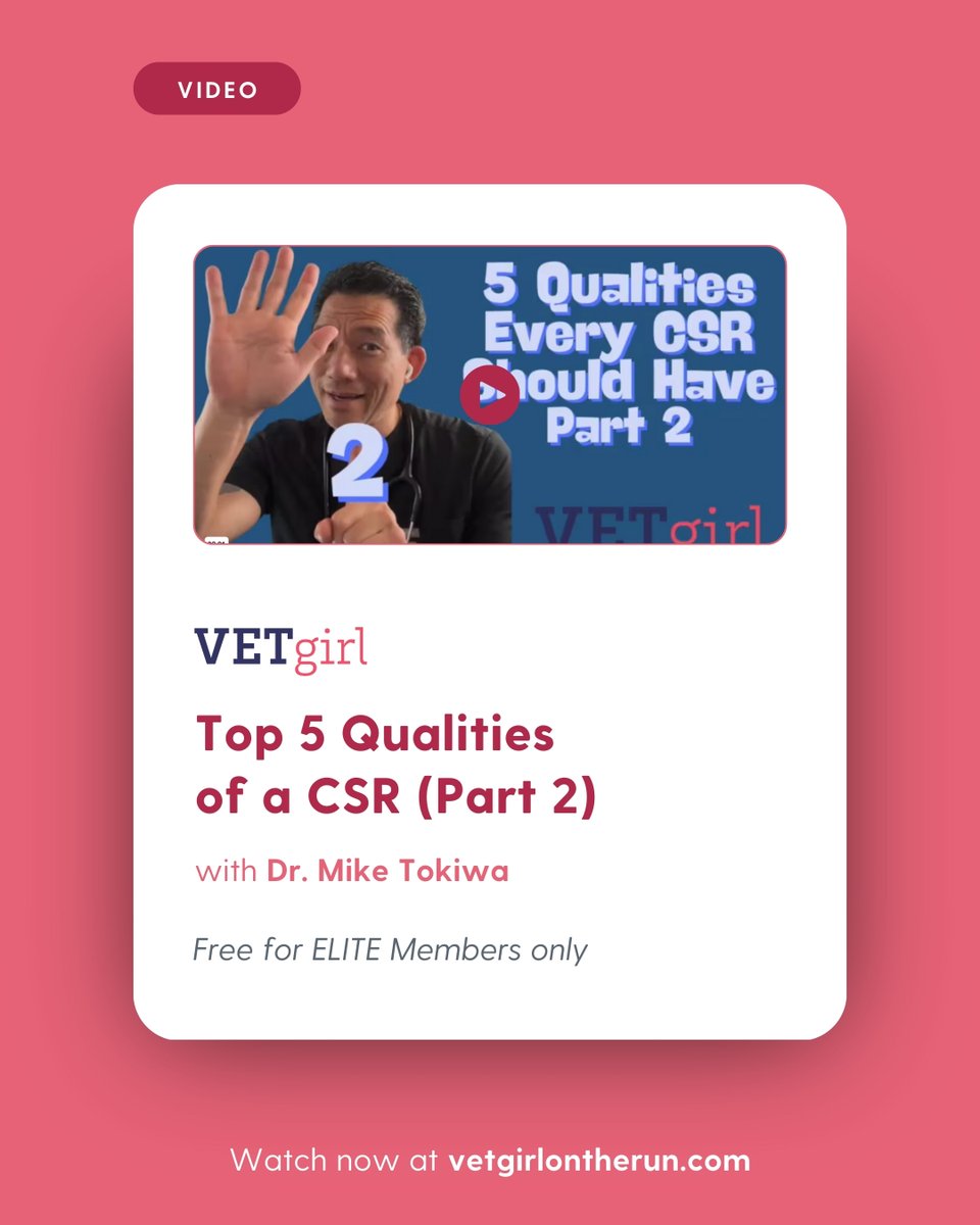 VetGirlOnTheRun's tweet image. 🎥 Top 5 Qualities of a CSR (Part 2) ☎️🐾

🔗 vetgirlontherun.com/videos/top-5-q…

#VETgirl #VeterinaryEducation #CSRTips #ClientExperience #VetMed #VeterinaryCE #VetLife #VetTeamSkills