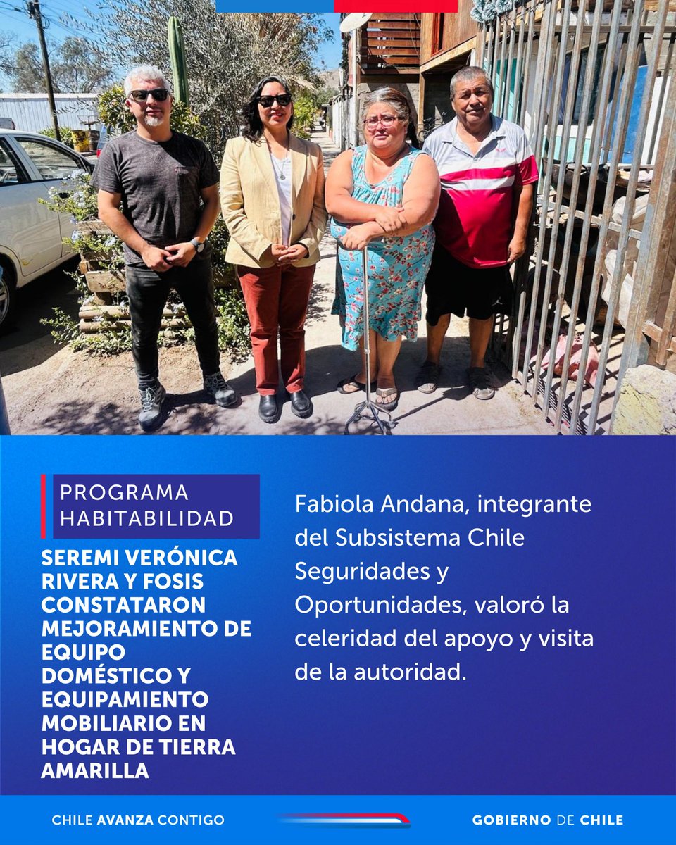 Con el objetivo de constatar mejoramientos en infraestructura interior e instalación de mobiliarios, a hogares de #TierraAmarilla; nuestra Seremi Verónica Rivera, valoró la ejecución de los recursos del #ProgramaHabitabilidad, cuyo financiamiento corresponde al <a href="/MinDesarrollo/">Ministerio de Desarrollo Social y Familia</a>