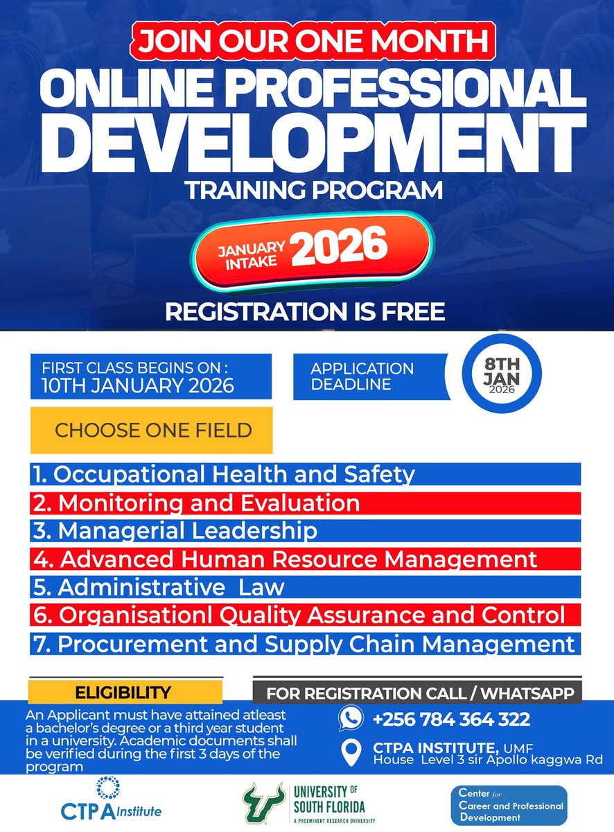 *CALL FOR APPLICATIONS*

*Join Our Certified Professional  Development Online Training Program January Intake 2026*

*Register Via:* ctpainstitute.fillout.com/t/1vJMCGBkcdus
Registration is Free.

*Duration:* One Month  

All classes are Online

Starting  on 10th January 2026.