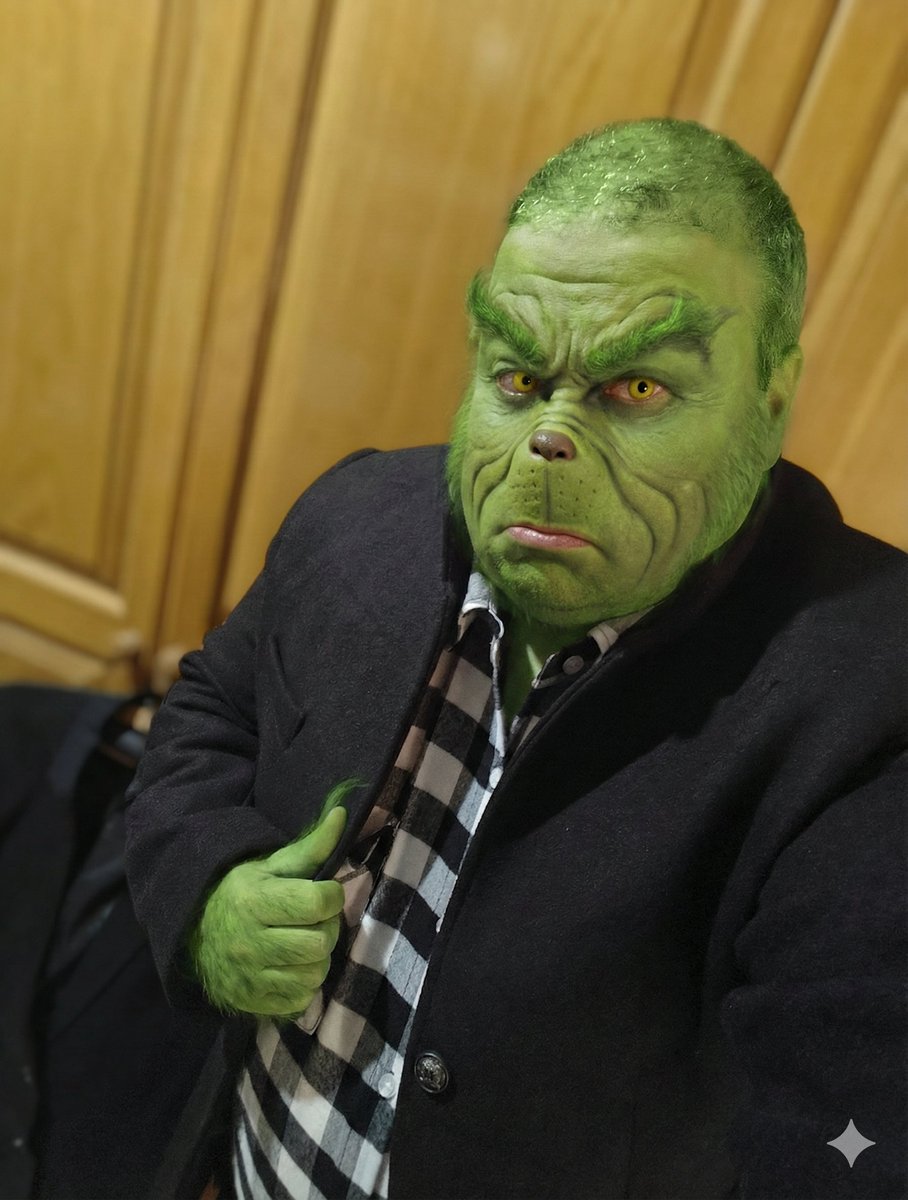 netman007's tweet photo. Both images AI generated, what I would look like if I was the Grinch and what I would look like, if I was a statue in a crib / Christmas Village. #christmas #theme #ai https://t.co/9f8jpLY6jw