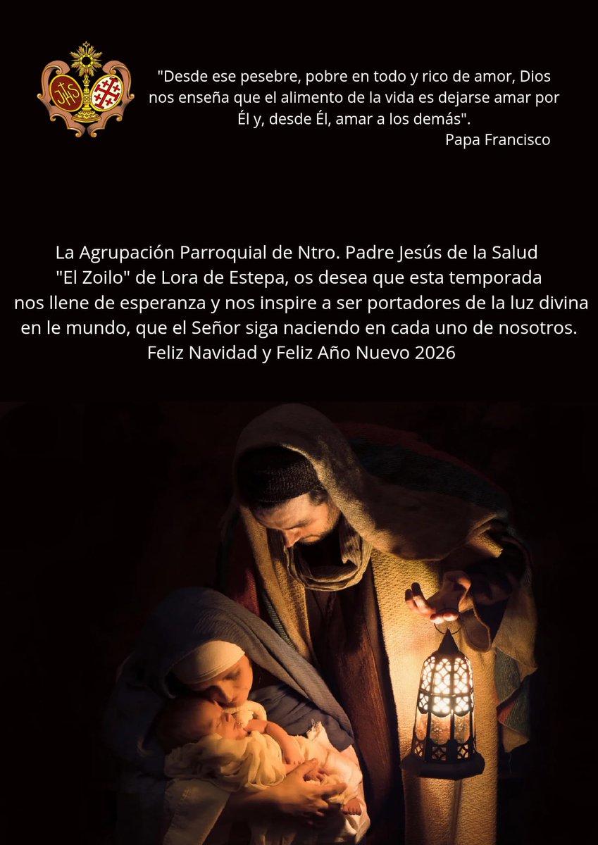 Recibamos dentro de cada uno al que es la Luz del mundo, al que será Rey de reyes y realizará el sacrificio maximo por nosotros.
Esta noche nace el Niño Dios que viene a salvarnos.
La Agrupación Parroquial de Ntro. Padre Jesús de la Salud, desea a todos una Feliz y Santa Navidad.