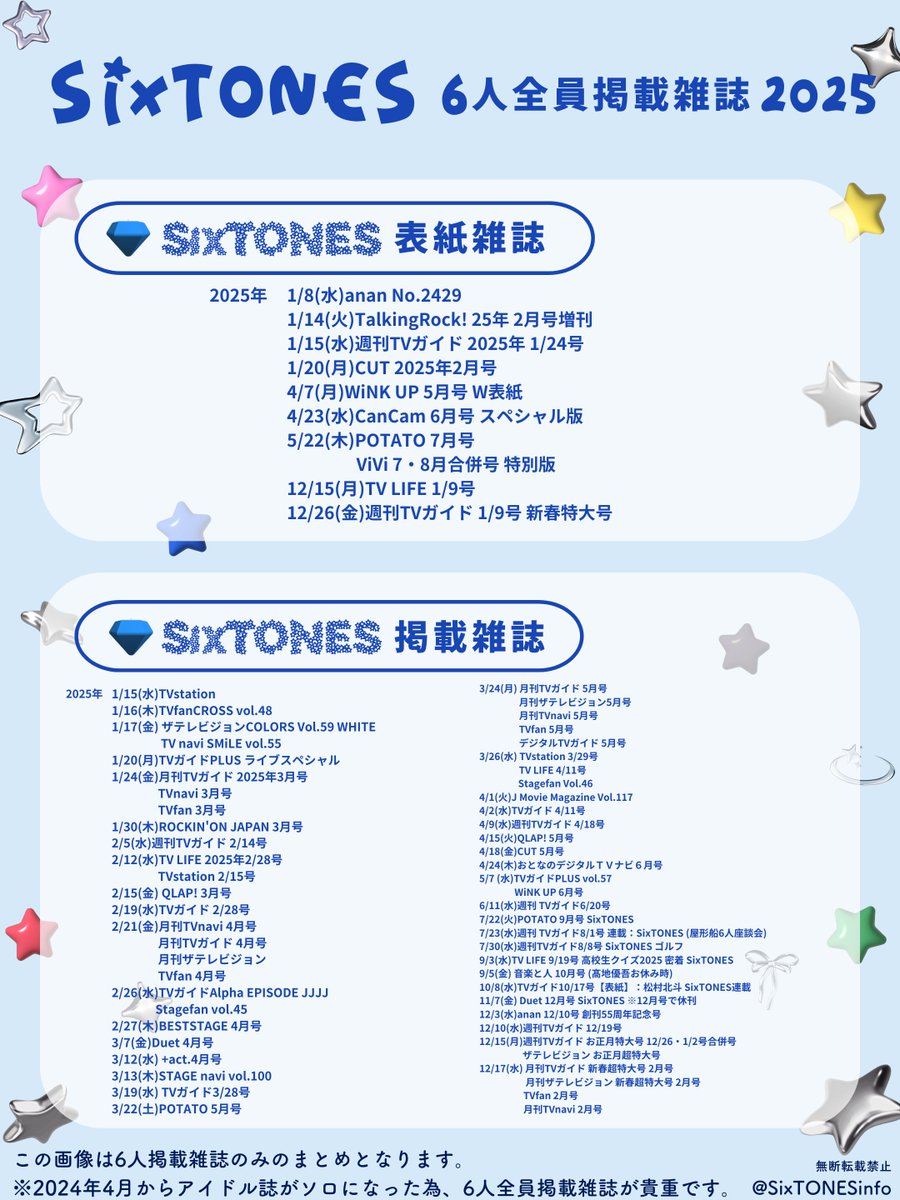 ▪️#SixTONES_雑誌 2025~2026年 2025年各メンバー表紙 🖤#松村北斗 28