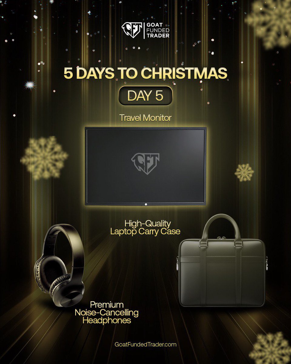 GoatFunded's tweet image. 🎄 DAY 5

The Christmas Eve gift is made for traders on the move

✅TRAVEL MONITOR
✅ PREMIUM NOISE-CANCELLING HEADPHONES
✅ HIGH-QUALITY LAPTOP CARRY CASE

Everything you need to trade anywhere, without compromises🔥

The perfect setup for the traveling trader

Good luck ✨…