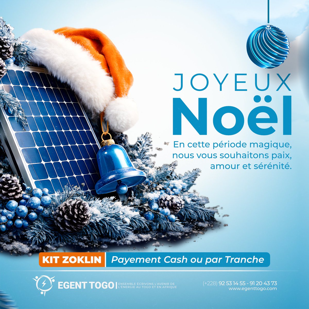 JOYEUX NOËL 
En cette période magique, nous vous souhaitons paix, amour et sérénité.

#EGENT Togo 
#ÉnergieSolaire #Kits
#Zoklin #Noël