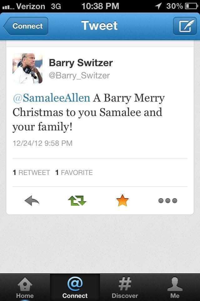 SamaleeAllen's tweet image. Hey, COACH @Barry_Switzer! Just wanted to again wish you a BARRY CHRISTMAS! We’re back in OKC with family and came across this old “tweet”…