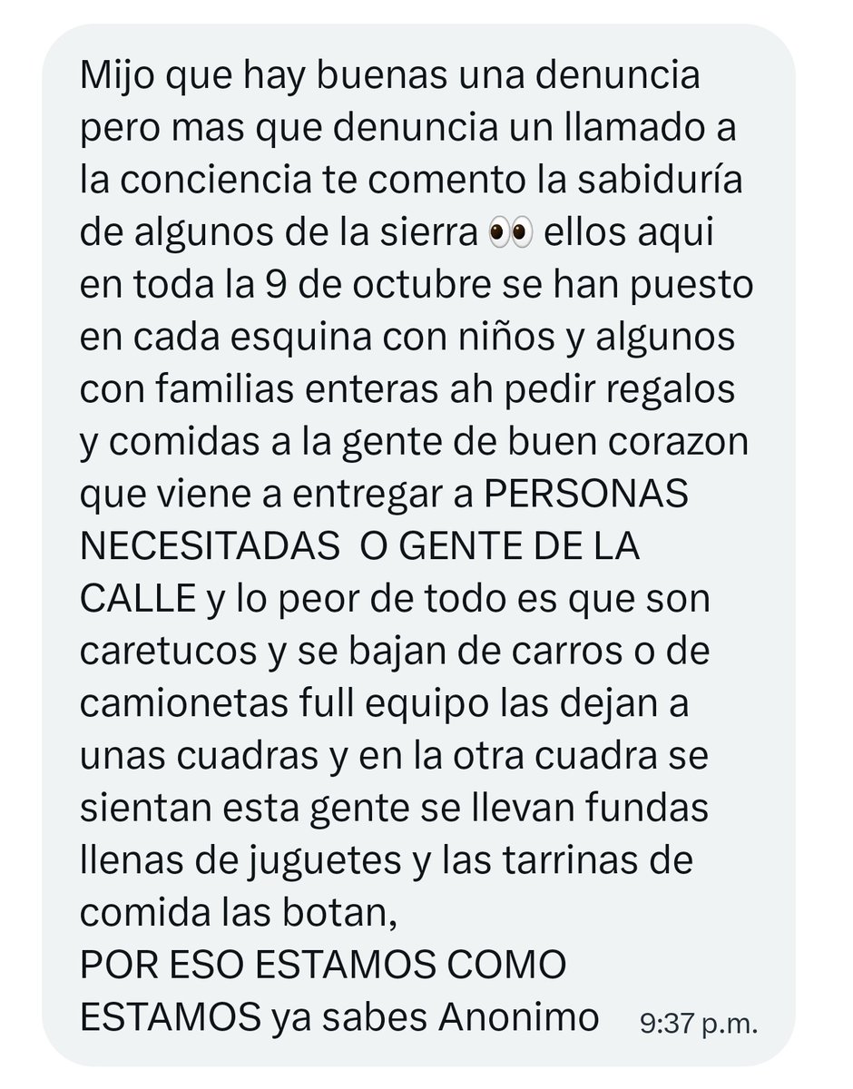 EmergenciasEc's tweet photo. #DenunciaCiudadana
Si van a repartir comida y regalos atentos con esto.
Todos los años en este mes en muchos sectores, como Garzota, Alborada, Samanes, Sauces, Urdesa.
Siempre llegan grupos de señoras con muchos niños como para armar un equipo de fútbol con el fin de explotarlos. 
La mayoría de la gente al ver esto por pena les llevan cosas, pero no saben que pasan todo el día recibiendo regalos, juguetes, comida, van a guardar todo y regresan, y pasan todo el día así, y luego se van a vender todo lo que les regalan.
Si van a regalar algo, traten de buscar a la gente que de verdad vive en las calles, no a estas que todos los años en el mes de diciembre se aprovechan del buen corazón de la gente.