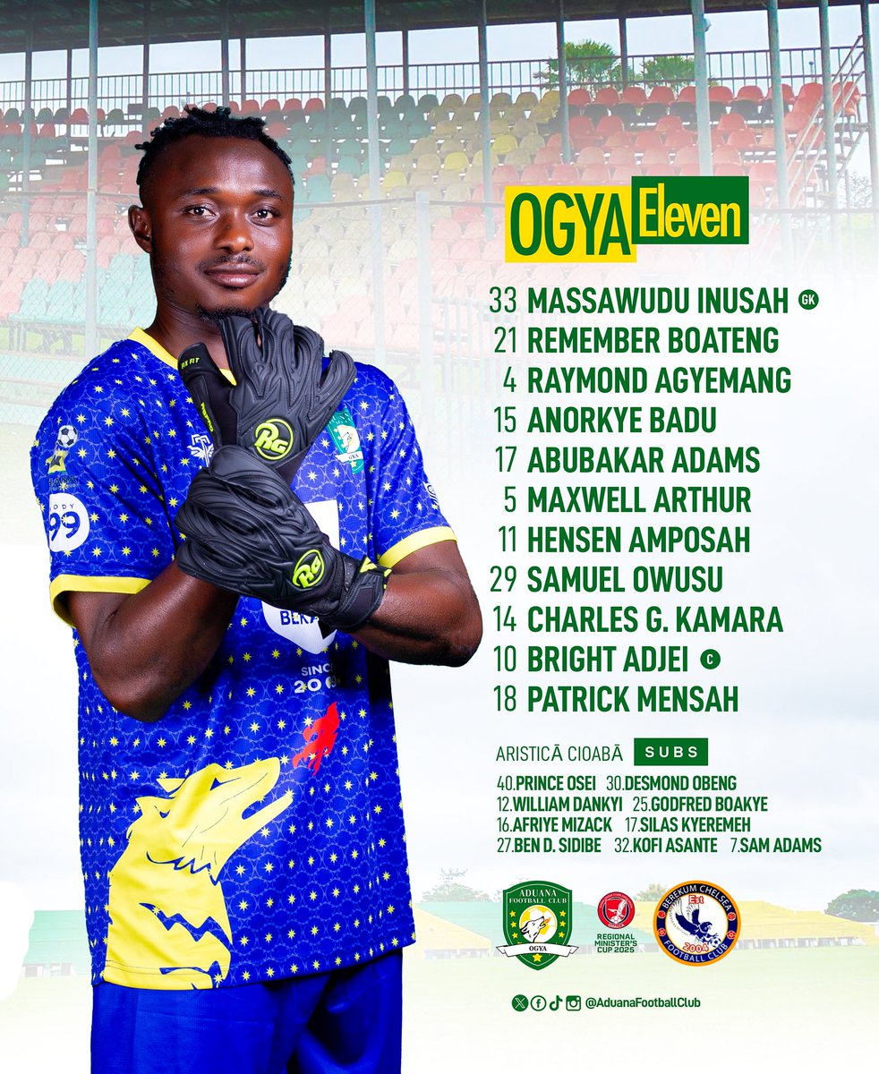 OGYA XI CONFIRMED… 

Aduana FC lineup for the Regional Minister’s Cup 🏆
Ready for battle 💪⚽

|| #Ogya || #AduanaFC 🔥🐕