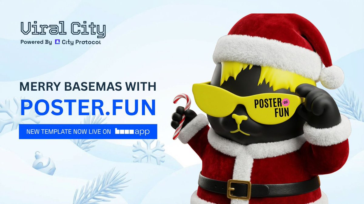 A new “Merry Basemas” video template featuring @posterdotfun is now live on the Viral City mini app on the @BaseApp.

You can now create a holiday celebration video with Poster, using your own photo or a friend’s, and send it as a Christmas gift.

Share your video with the