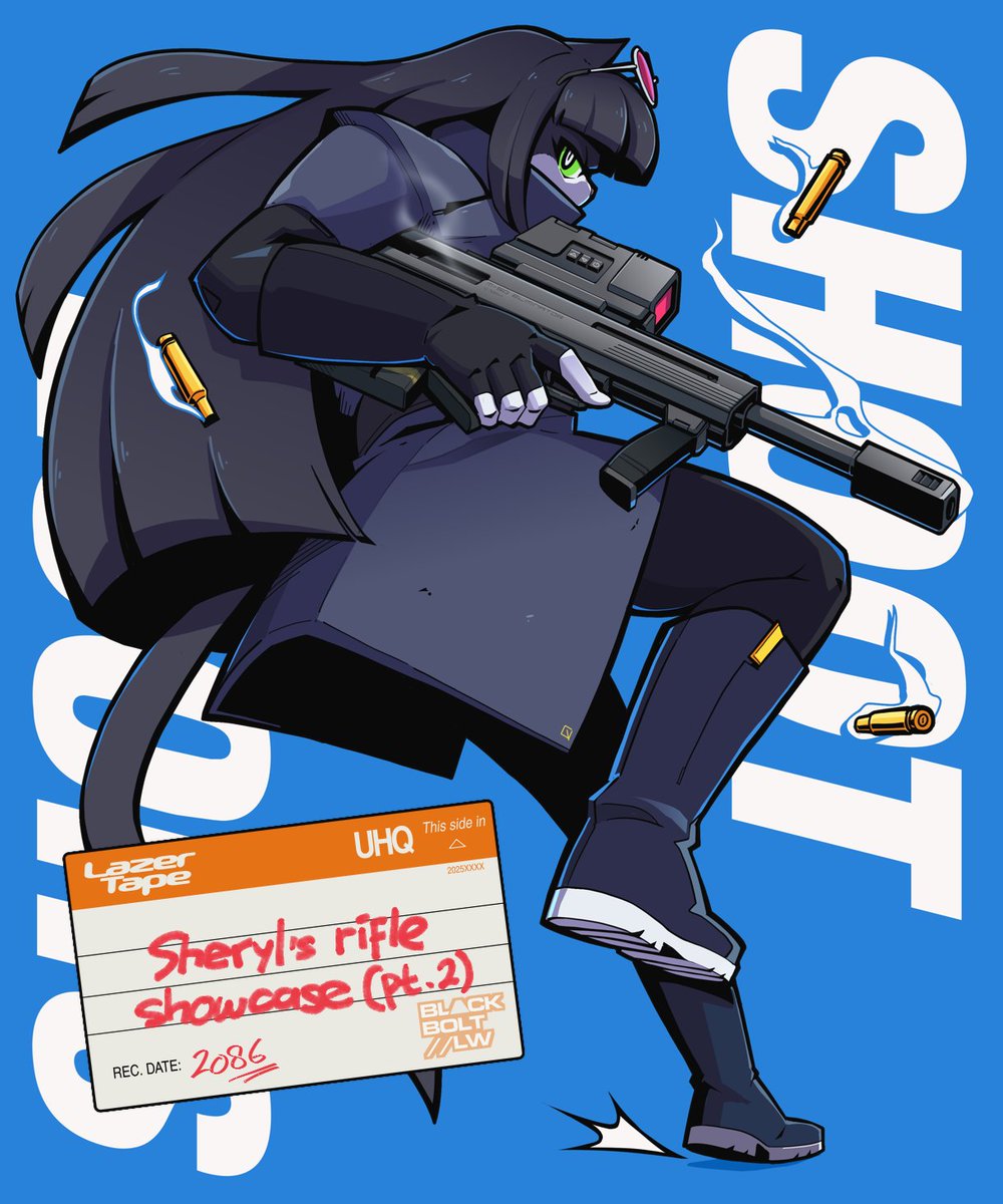 BlackboltLW's tweet image. the cat (pt.2)

---

...and Shoot's design idea is that she's basically a HUGE catgirl  (around 2.02m in height) with a penchant of small firearms (literal),  that even her 12.7mm anti-materiel sniper rifle is compact!