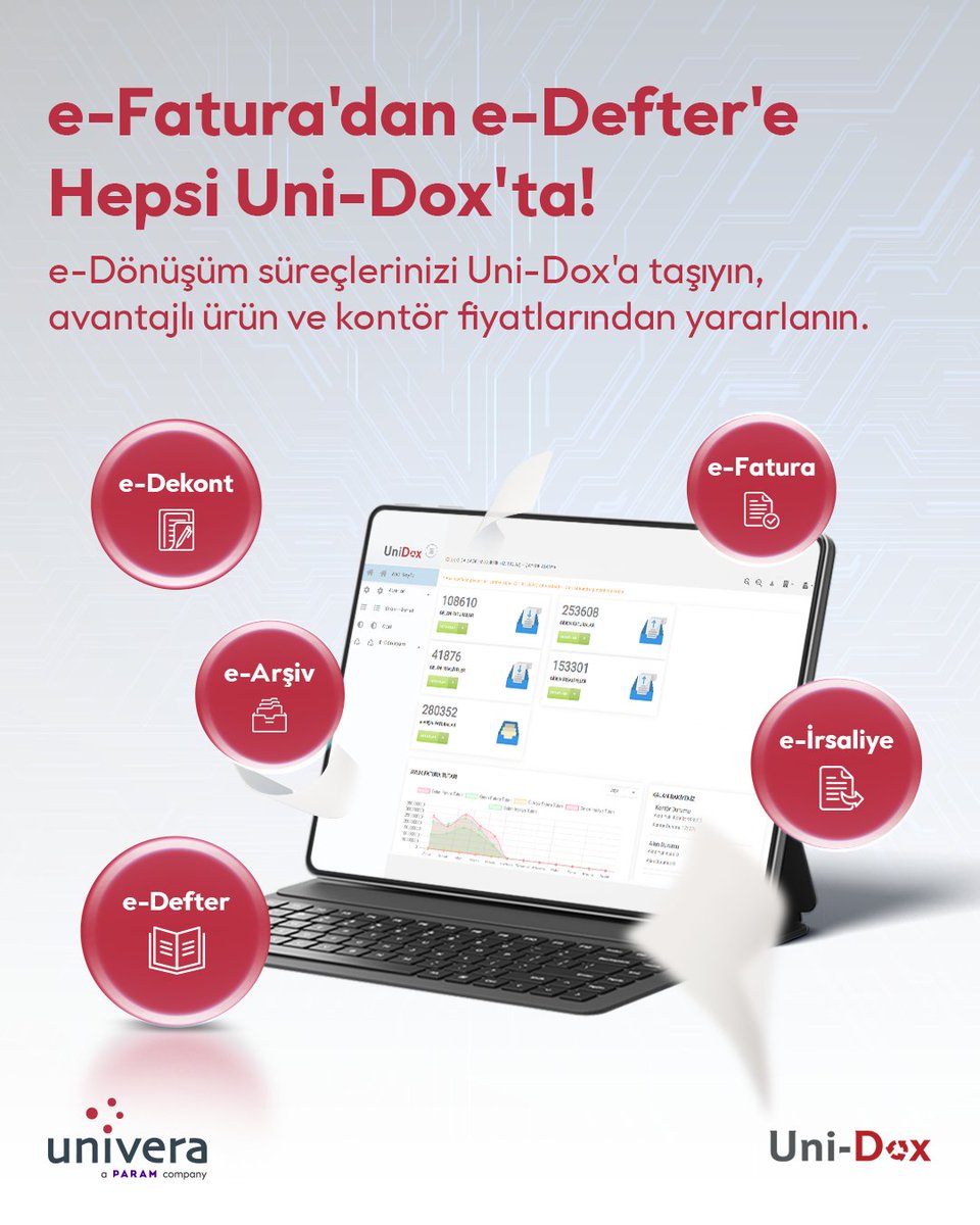 e-Fatura’dan e-Defter’e tüm e-dönüşüm süreçleriniz Uni-Dox’ta! 🚀
Tüm e-Dönüşüm ürünleriyle belgelerinizi tek dokunuşla; daha hızlı, daha güvenli ve tamamen elektronik ortamda yönetin. Üstelik avantajlı ürün ve kontör fiyatlarından yararlanın.

#Univera #UniDox #EDönüşüm