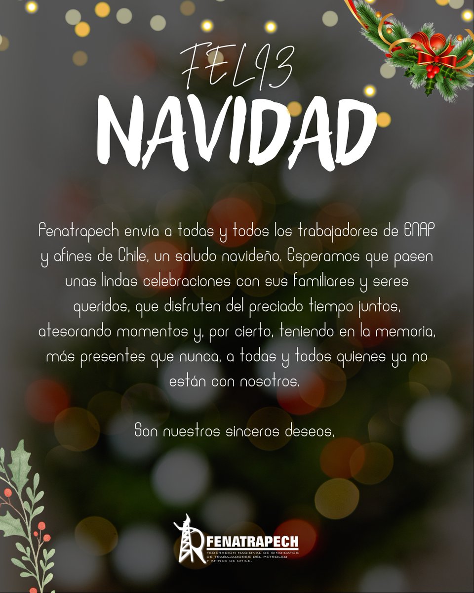 Feliz Navidad! 🌲 Fenatrapech envía a todas y todos los trabajadores de ENAP y afines de Chile, un saludo navideño.  #navidad2025 #feliznavidad #nochebuena