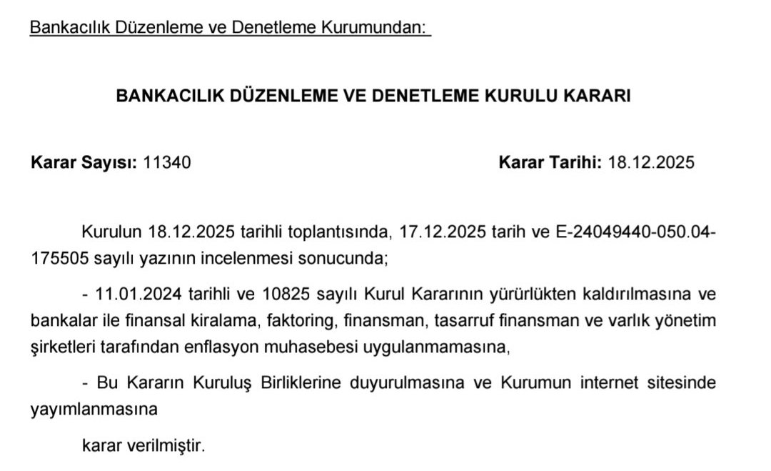 Bankalar, faktoring, finansman ve varlıkyönetim şirketlerine enflasyon muhasebesi uygulanmamasına karar verildi..

Resmi gazetede yayınlandı;
2025 yılı 4. dönem enflasyon düzeltmesi, kuyumcular hariç, uygulanmayacak.