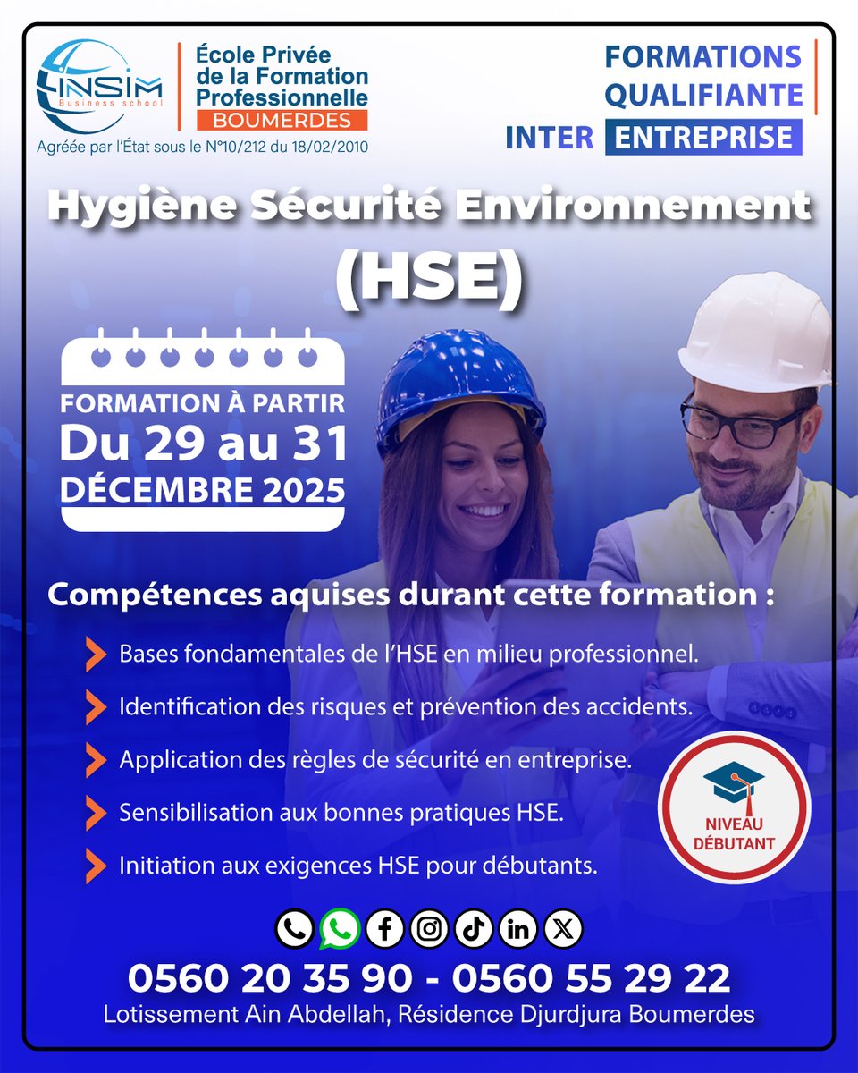 INSIMBoumerdes's tweet photo. 🦺 Formation HSE – Niveau débutant
Bases HSE, prévention des risques et sécurité en entreprise.
📅 29–31 décembre 2025
#HSE #Sécurité #Formation https://t.co/Njh3saoogw