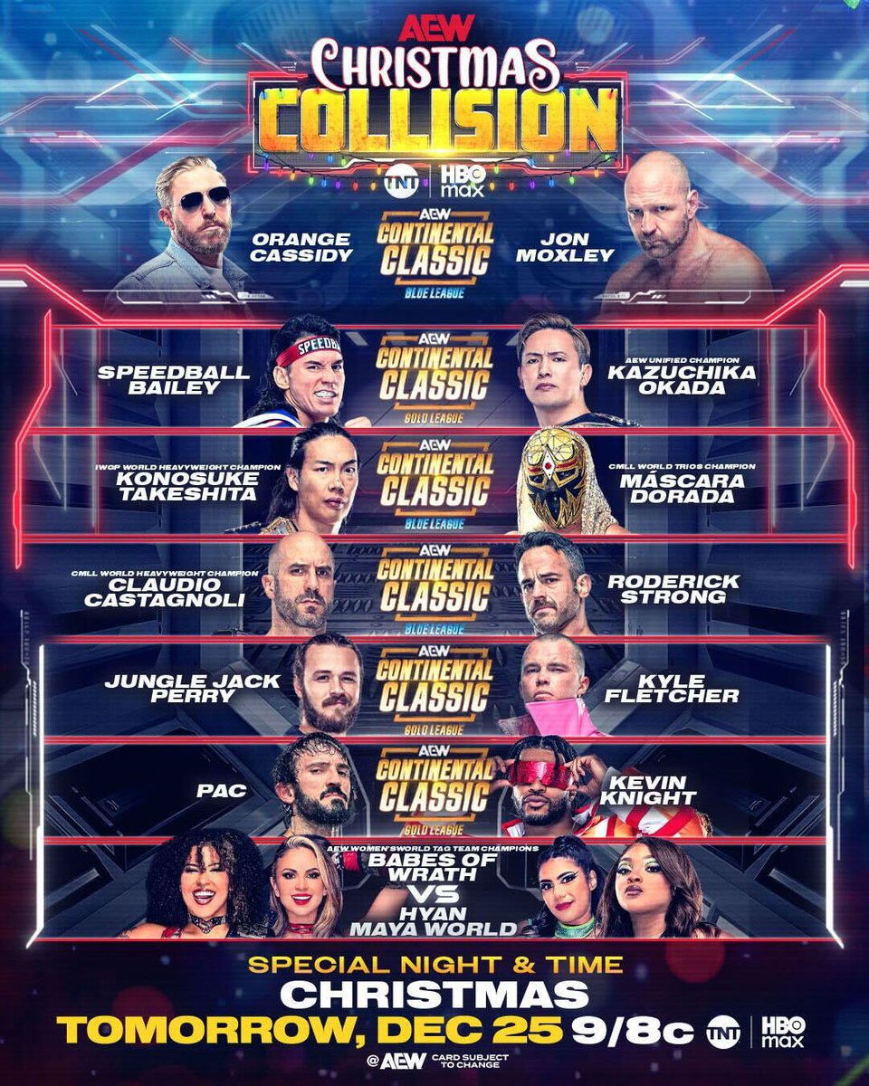 AEW's tweet image. 🎄 TOMORROW NIGHT! 🎄

It's night 2 of our Hammerstein Holiday Specials!

Christmas #AEWCollision starts at 9/8c on @TNTDrama + @SportsOnMAX, TOMORROW NIGHT!