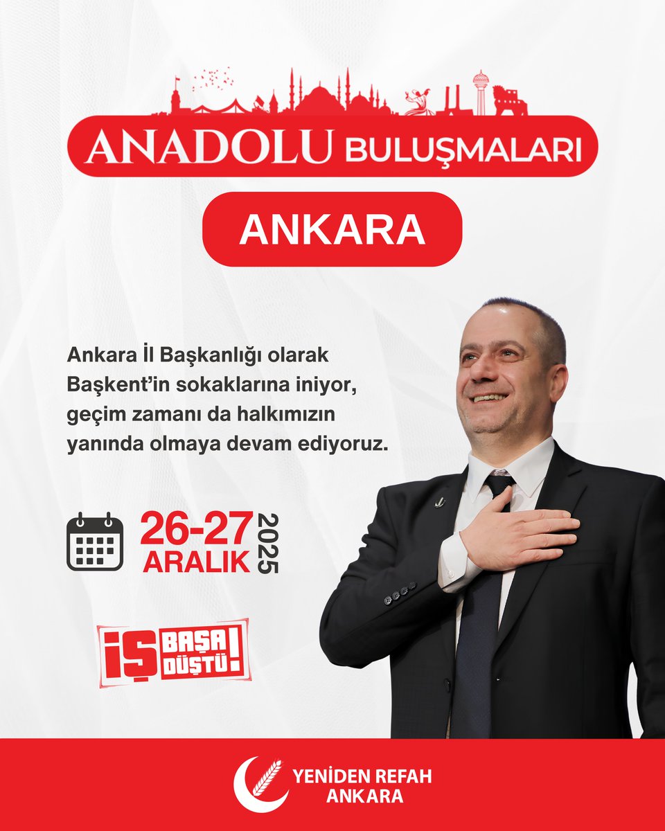 📣 Anadolu Buluşmaları

Ankara İl Başkanlığı olarak sadece seçim zamanı değil, geçim zamanı da hemşehrilerimizin yanındayız.

Bu hafta sonu Cuma ve Cumartesi günleri Ankara’nın sokaklarında, sahada, milletimizin arasında olacağız.
Dertleri dinlemek, çözümü birlikte konuşmak için