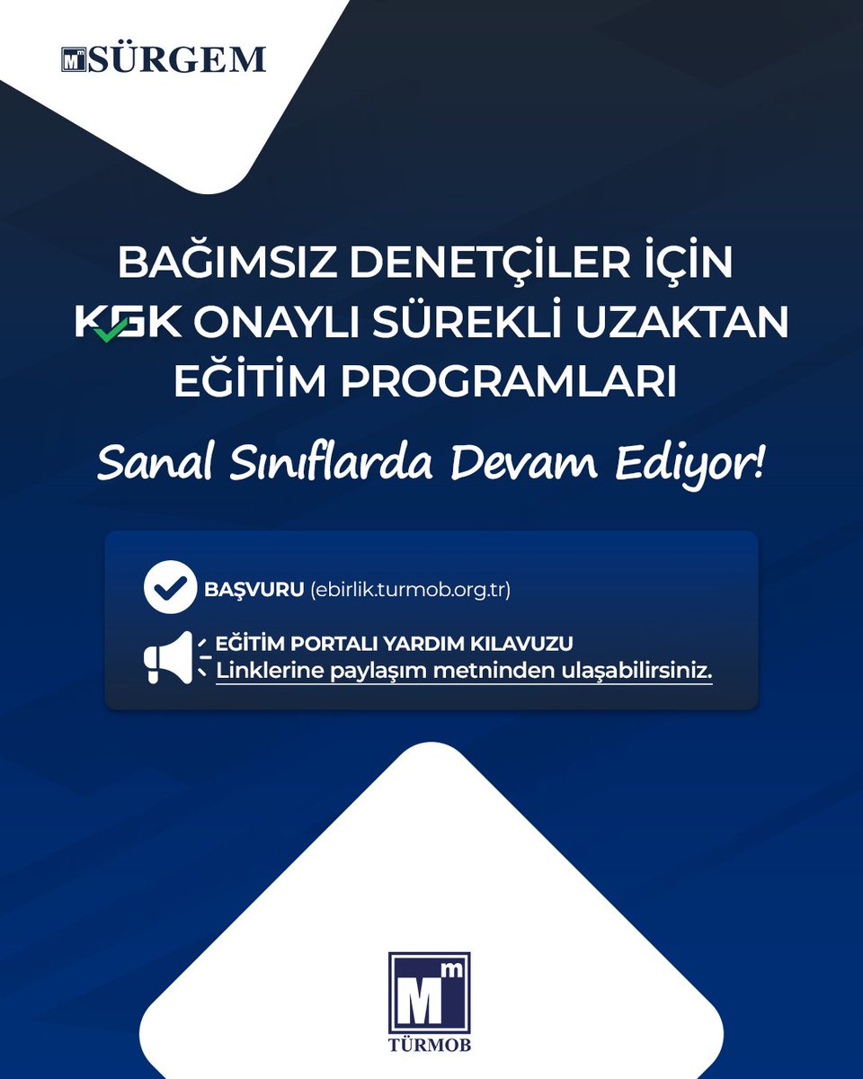 Bağımsız Denetçiler İçin KGK Onaylı Sürekli Uzaktan Eğitim Programları Sanal Sınıflarda Devam Ediyor. ➡️ turmob.info/4qmXLpY

📍 Genel Bilgilendirme ➡️ turmob.info/4j81KV2
📍 Kılavuz ➡️ turmob.info/3YFyZpd
📍 Başvuru linki ➡️ turmob.info/4jaWrEc

#türmob