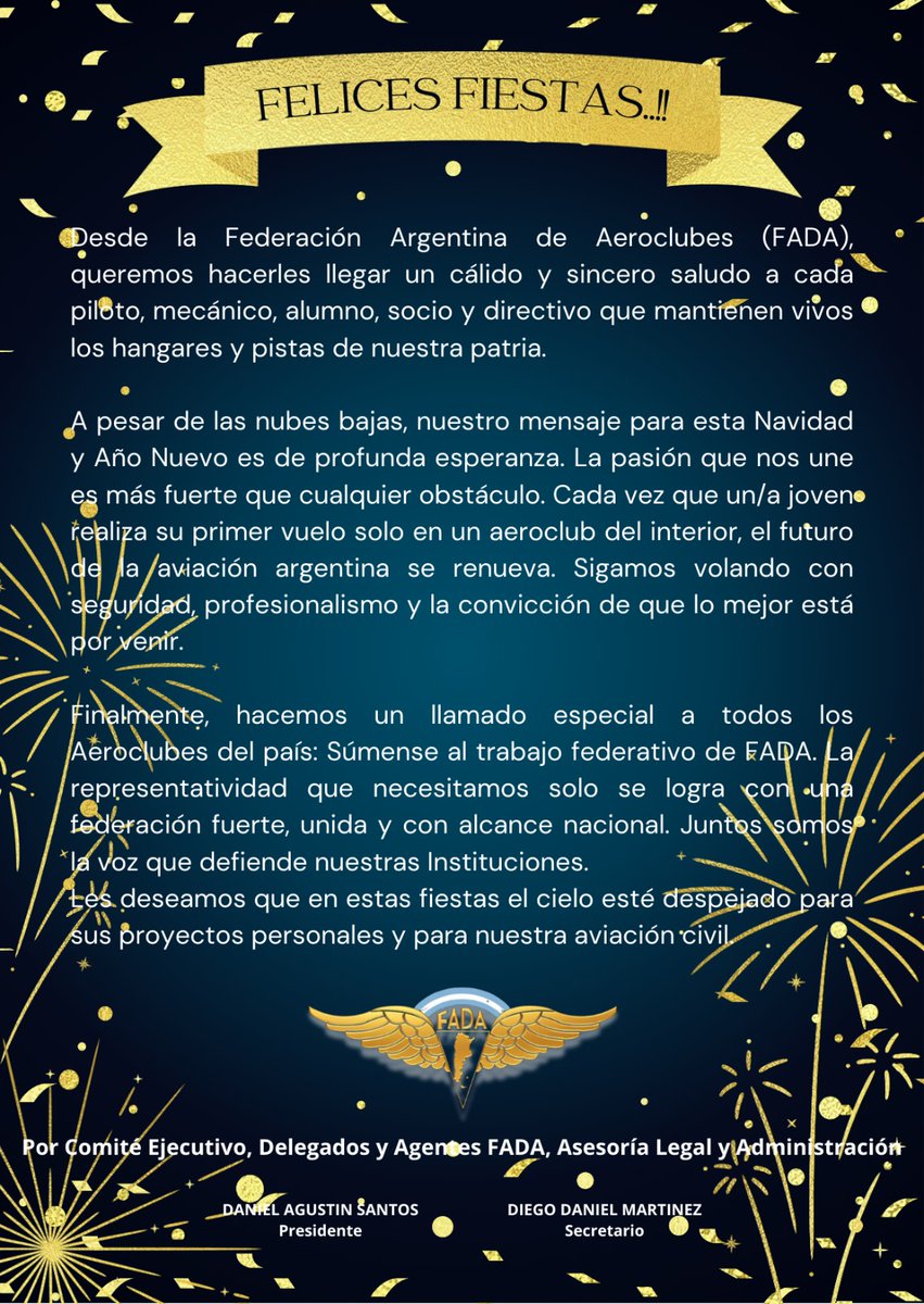 El Comité Ejecutivo de la FADA, Asesoría Legal y Técnica, Administración,  grupo de DDRR/ AAF y producción de FADA Express queremos desearles una feliz navidad y un prospero año nuevo.
Que este año nos mantenga unidos, trabajando por una aviación mejor.
¡¡¡Felicidades!!!🥂🛩