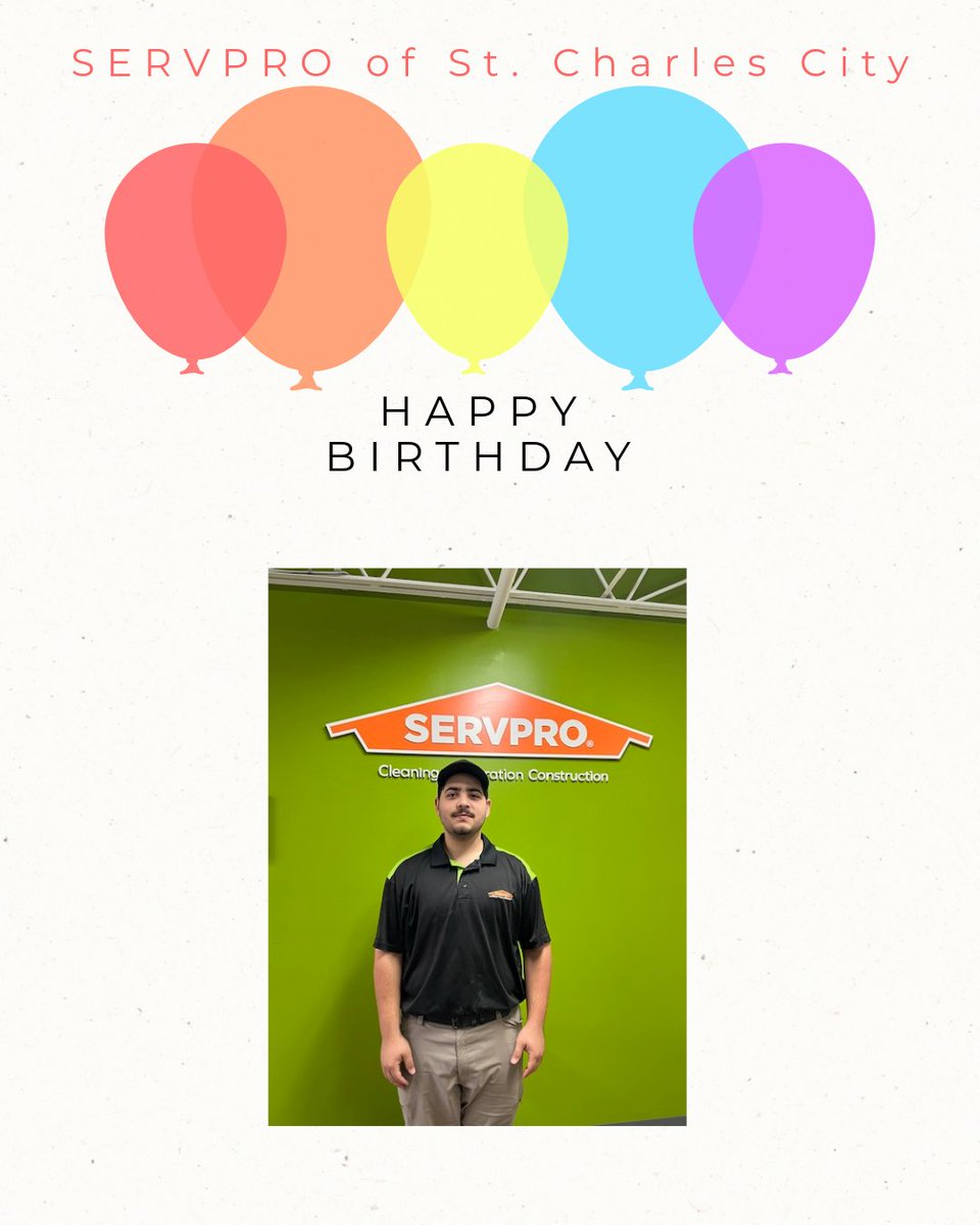stc_servpro's tweet photo. Help us wish Gabriel a very happy birthday! 🎉 We’re thankful for all the hard work and dedication he brings to SERVPRO of St. Charles City every day. Enjoy your special day! https://t.co/qnMLbpj2fS