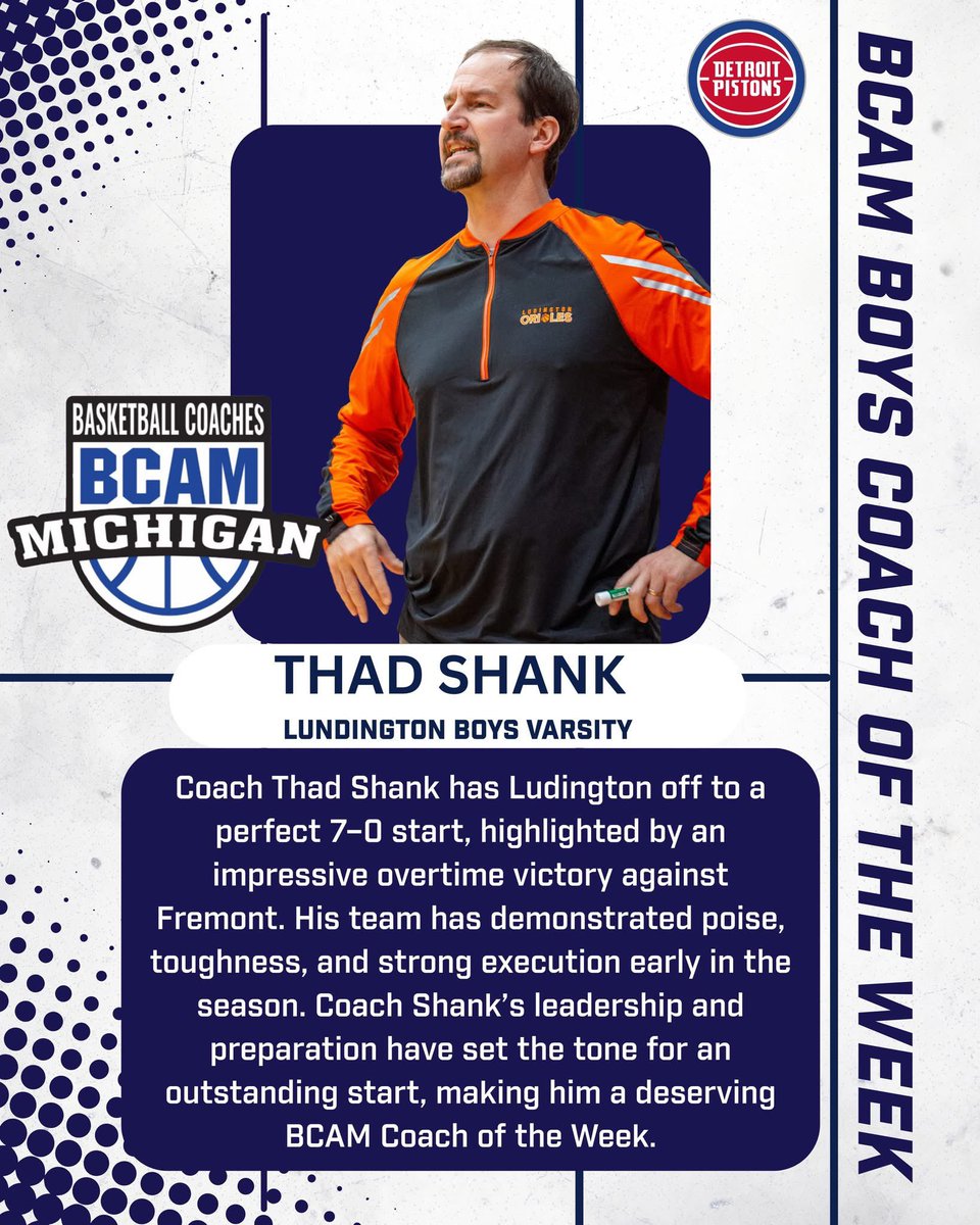 BCAMCoaches's tweet image. Congratulations to our Week 2 Coach of the Week Winners presented by the Detroit Pistons! 

Girls Coach- Coach Elexis Buchanan, Head Coach at Plainwell HS

Boys Coach- Coach Thad Shank, Head Coach at Ludington