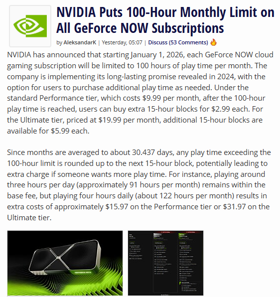 CycuraMX's tweet image. 🛡️ ¿A dónde vamos a parar con la IA y la nube?

NVIDIA anunció que, a partir de 2026, limitará el tiempo de uso mensual de su servicio de juegos en la nube.

100 horas al mes. Si quieres más, pagas más.

No es solo una noticia de videojuegos.

Es una señal clara de hacia dónde se…