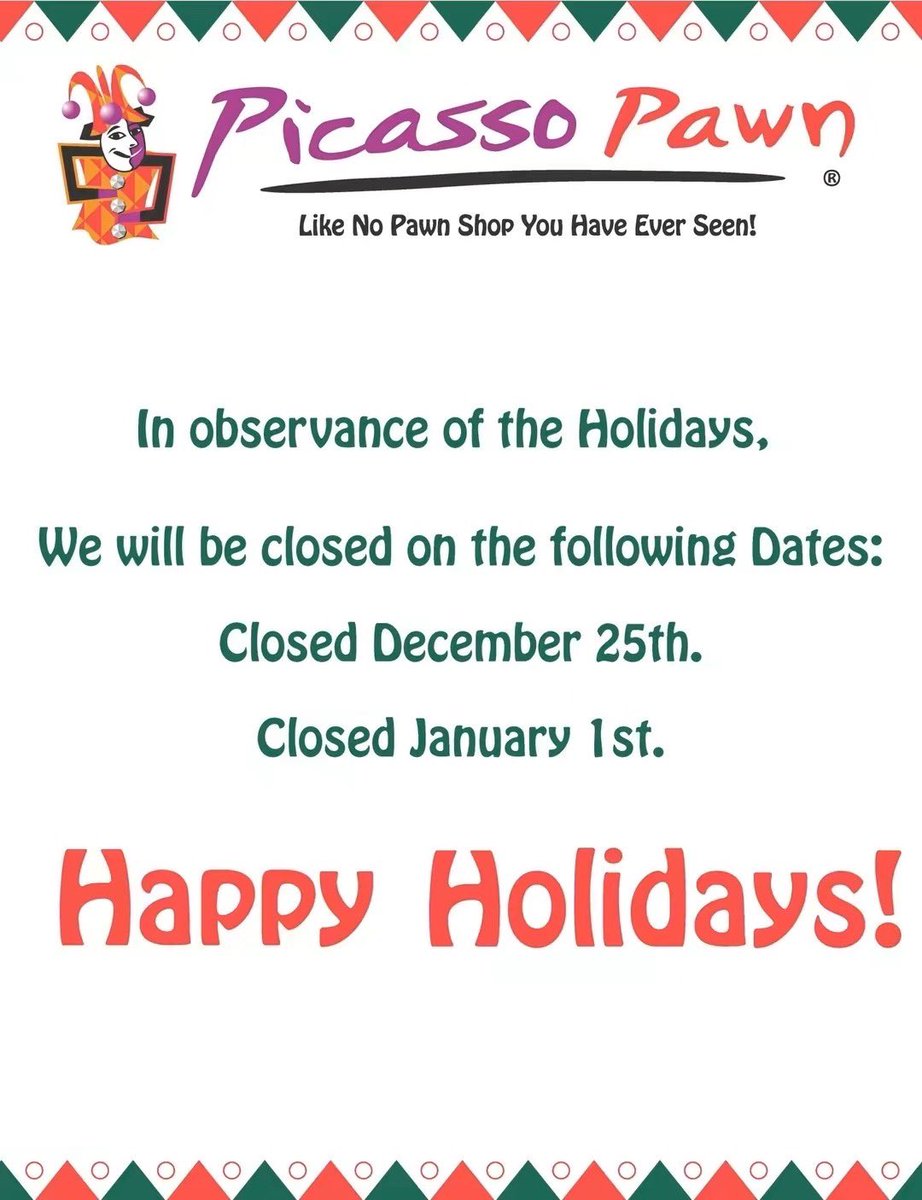 ✨Merry Christmas Eve✨
From our Picasso Pawn family to yours — wishing you joy, love, and all the holiday cheer!

📌 Remember, we’ll be closed Dec 25 &amp; Jan 1.