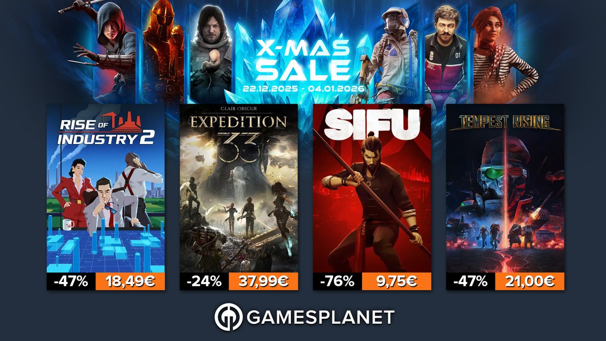 Grand gagnant des #GameAwards2025 avec 9 récompenses, #ClairObscurExpedition33, le RPG phénomène est à -24% pendant notre XMAS Sale Gamesplanet. 🏆

Profitez également de réductions sur #RiseofIndustry2, #SIFU, #TempestRising et bien d'autres...
❄️ gplnk.com/promo/xmasdeals