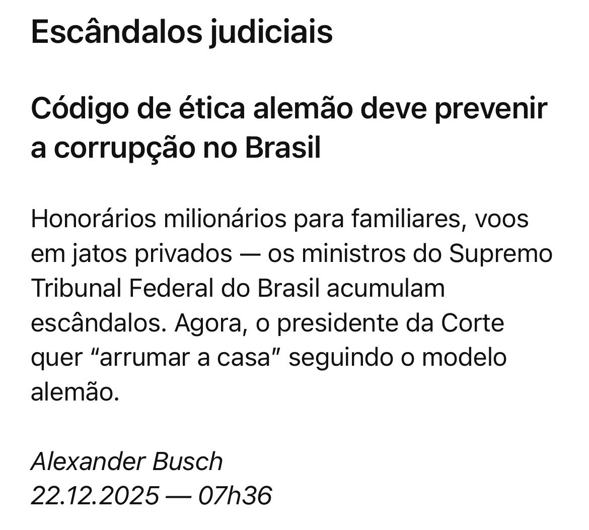 TI_InterBr's tweet photo. Os escândalos e a falta de ética no STF são matéria hoje no principal jornal da Suíça e no principal jornal de negócios da Alemanha. https://t.co/ese4RZeCPw