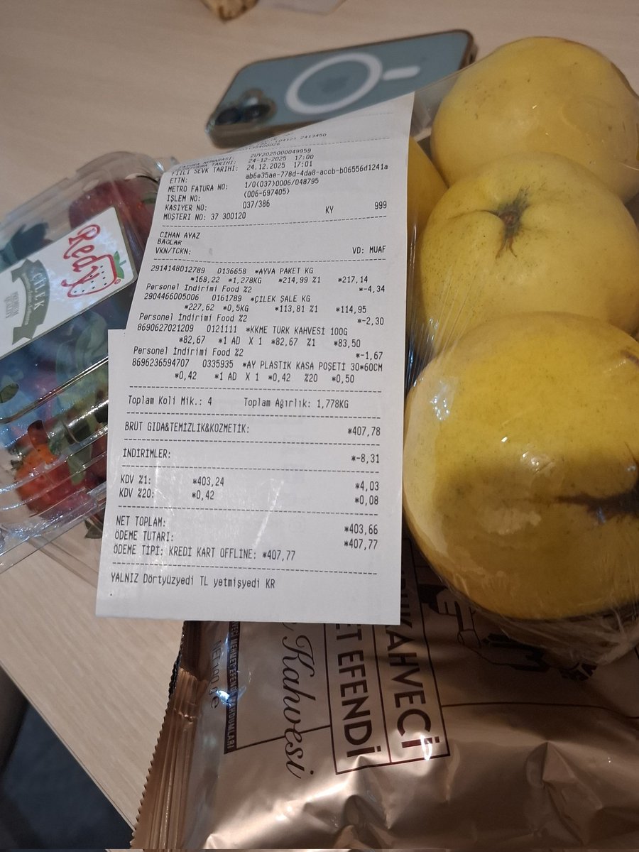 Çilek 500 gr  &amp; Beş ayva 1,27 kg  &amp; Kahve 100 gr 1 adet  = 407,77   Askeri ücret 28,075  = dört kişilik bir aile 🤣 valla çok iyi bir artiş rabbim sizi basimizdan eksiltmesin