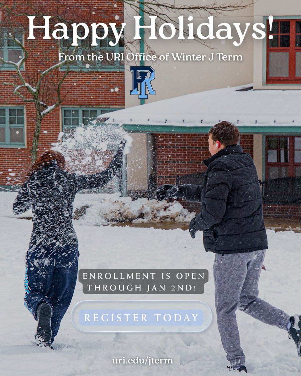 URIWinterJTerm's tweet photo. Happy Holidays from the URI Winter J Term Office ❄️

Need help registering or picking a course? DM us or email slaurentkings@uri.edu with any questions.

Enrollment is open through Jan 2.
#uri #winterjterm #rhody #enrollnow https://t.co/u6QaDqxJmh